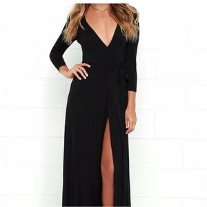 Lulu's Black Full Wrap Jersey Knit Maxi Dress medium